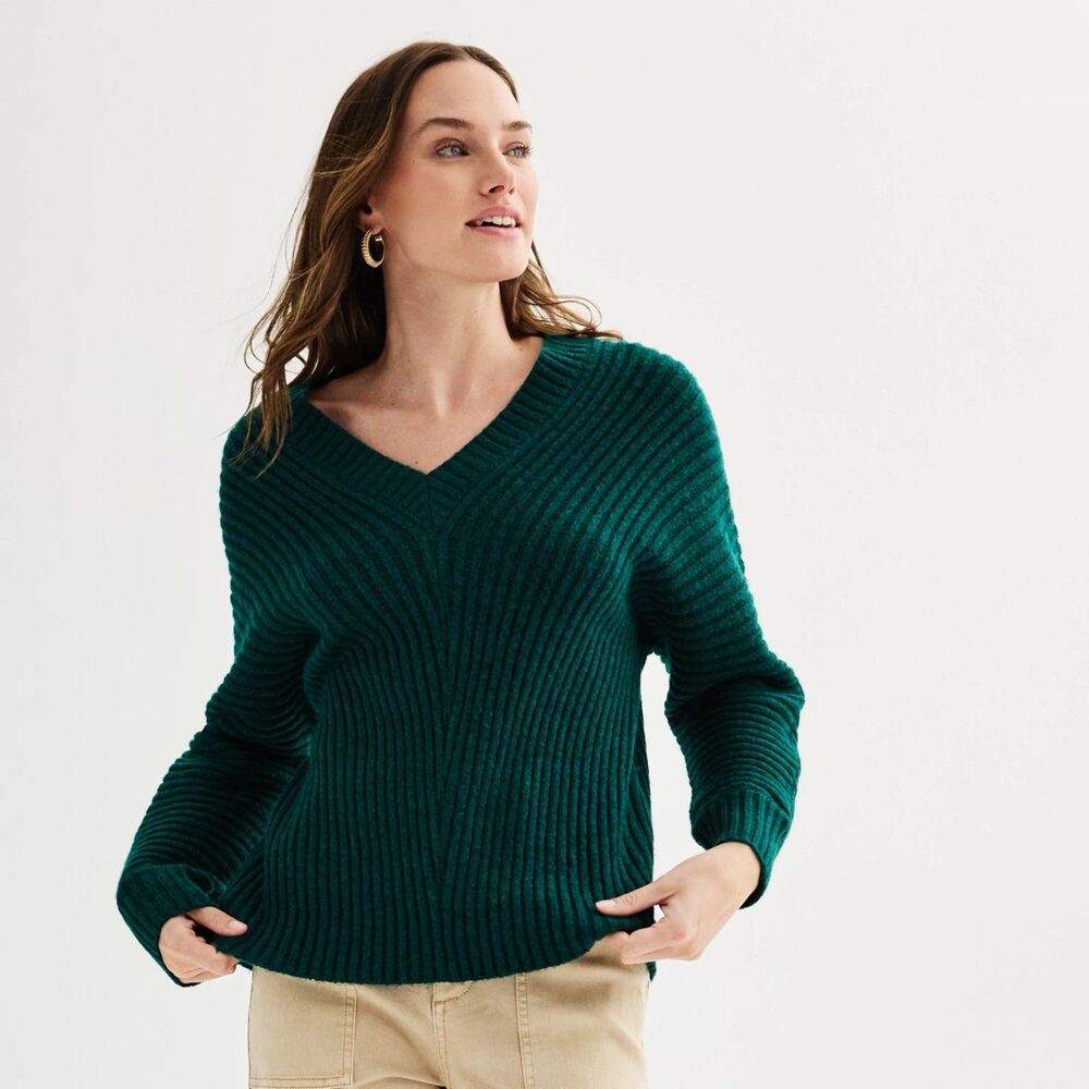 Sonoma Goods Sweater Size L Green Dolman Sleeve V-Neck Women's NWT